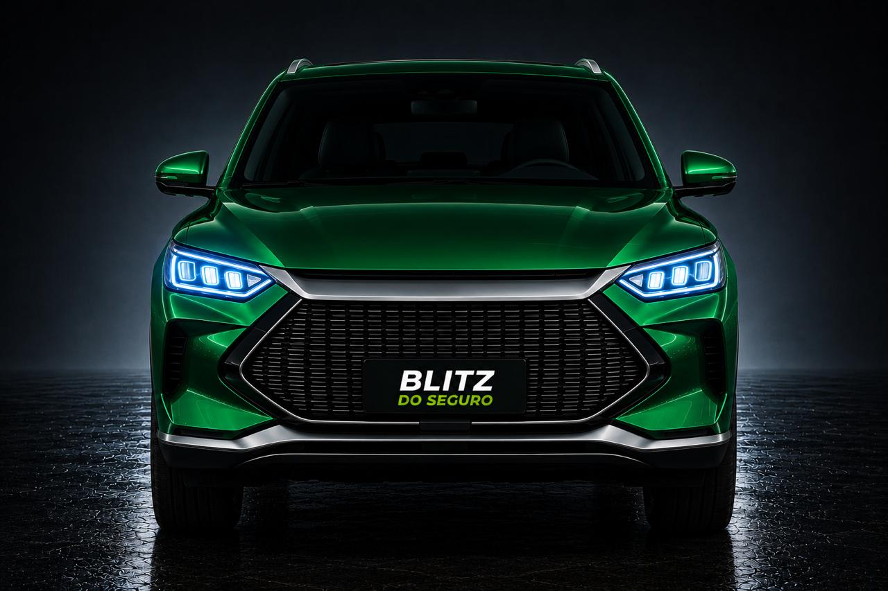 SUV premium verde com faróis acesos